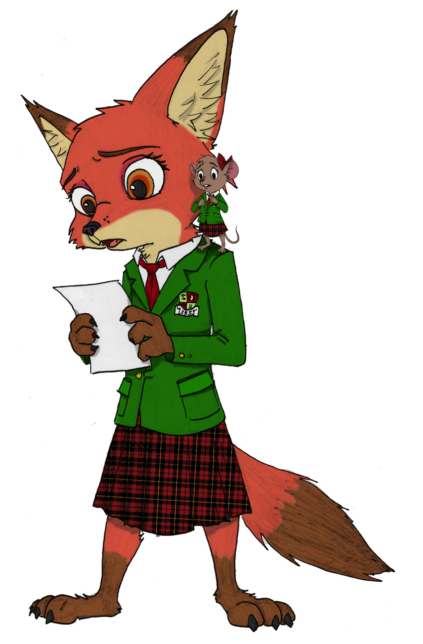 2016 absurd_res anthro black_nose bottomwear canid canine clothed clothing disney duo fan_character female fox fully_clothed fur hi_res larger_young luna_wilde_(crewefox) mammal micro mouse murid murine olivia_flaversham otakurec37 red_fox rodent school_uniform size_difference skirt standing the_great_mouse_detective true_fox uniform young young_anthro ziegelzeig zootopia