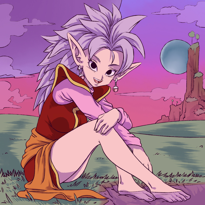 barefoot black_eyes breasts cloud colored_skin commentary_request dragon_ball dragon_ball_z earrings female from_side full_body grass highres jewelry kaioushin looking_at_viewer medium_breasts mountain pink_skin plague_of_gripes planet pointy_ears potara_earrings purple_hair soaking_feet solo tree west_kaioushin