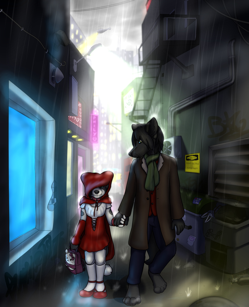 2015 alley anthro canid canine canis chelsea_chamberlain city domestic_dog duo fairy_tales female fuzzywuff hello_kitty_(character) hello_kitty_(series) hi_res karelian_bear_dog little_red_riding_hood little_red_riding_hood_(copyright) male mammal raining romantic romantic_couple sanrio size_difference spitz wolf young young_anthro