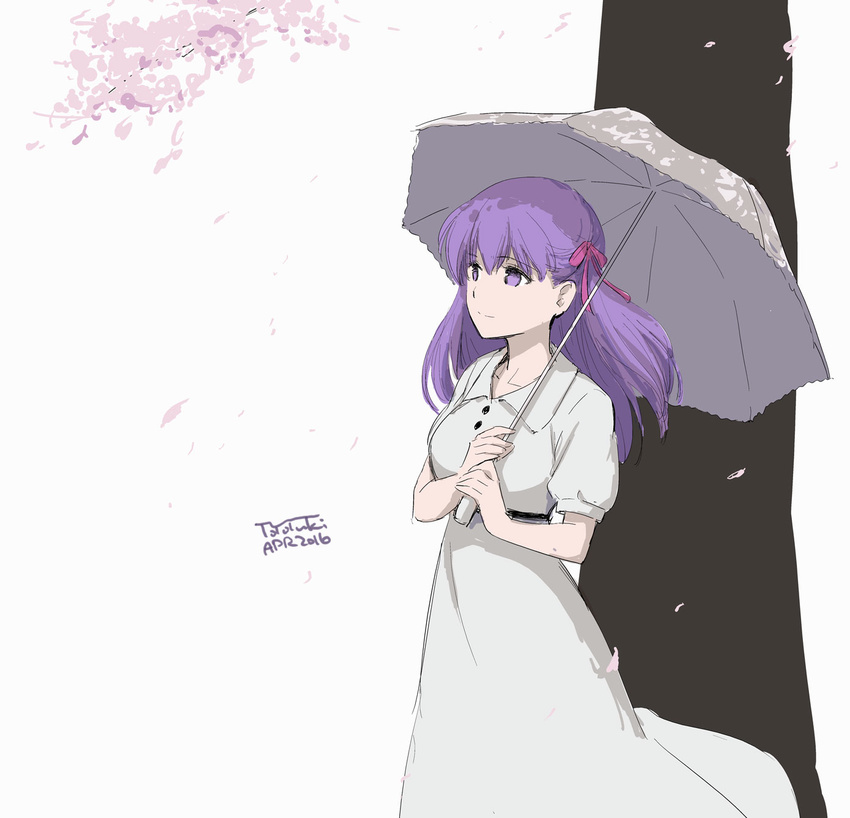 artist_name cherry_blossoms commentary_request dress fate/stay_night fate_(series) female hair_ornament hair_ribbon highres iida_toyoyuki long_dress looking_away matou_sakura petals purple_eyes purple_hair ribbon short_hair solo tree umbrella white_background white_dress