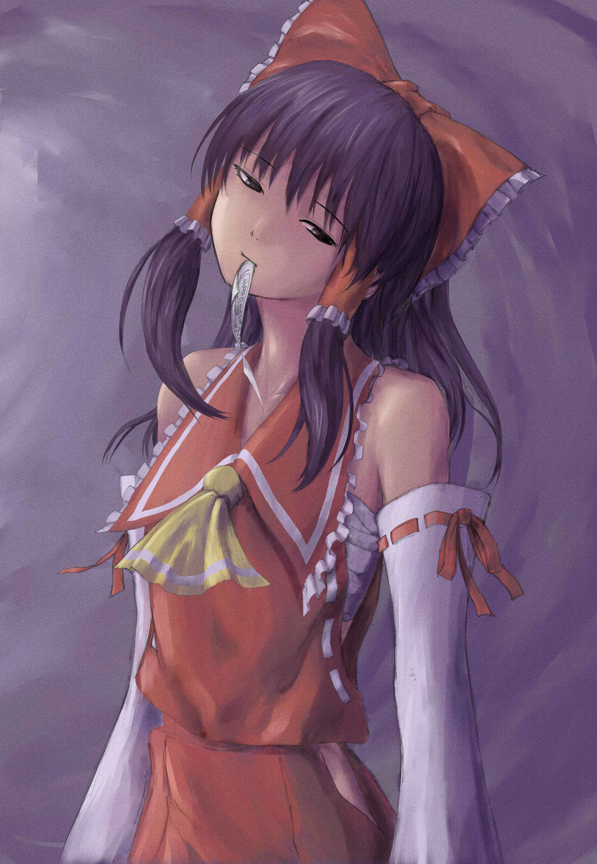 absurdres bow brown_eyes brown_hair commentary_request detached_sleeves female hairbow hakurei_reimu head_tilt highres kath looking_away mouth_hold red_bow sad short_hair solo touhou