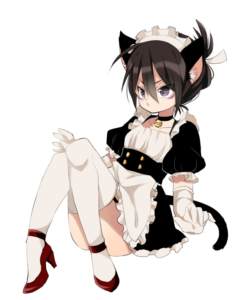 1boy alternate_costume animal_ears apron bell black_hair buttons cat_ears cat_tail choker commentary_request crossdressing dress eyes_visible_through_hair folded_ponytail frills full_body grey_eyes hair_between_eyes hair_ribbon high_heels highres kemonomimi_mode long_hair maid_headdress male_focus neck_bell one-punch_man onsoku_no_sonic puffy_short_sleeves puffy_sleeves red_footwear ribbon seitarou shoes short_sleeves simple_background sitting solo tail waist_apron white_apron white_background white_legwear white_ribbon