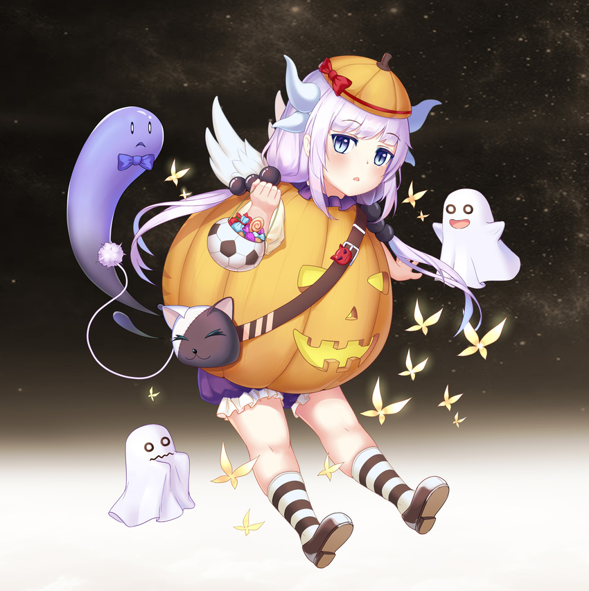 0_0 :3 absurdres bag blue_eyes bow bowtie bug butterfly candy commentary_request d: dragon_girl dragon_horns female food ghost hair_bobbles hair_ornament halloween handbag hat highres horns jack-o'-lantern kanna_kamui kobayashi-san_chi_no_maidragon light_purple_hair lollipop long_hair looking_at_viewer low_twintails muji_(majunduo) o_o open_mouth photoshop_(medium) pumpkin_costume socks solo striped_clothes striped_socks tail trick_or_treat twintails wavy_mouth white_butterfly wings