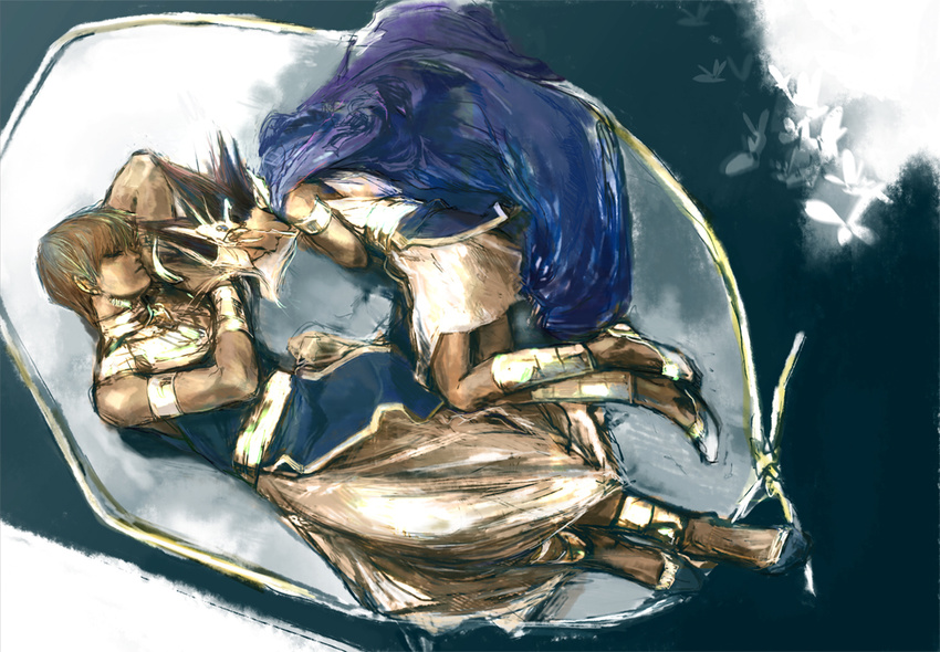 2boys atem cape jewelry male_focus mogami_fuu multiple_boys neck_ring painttool_sai_(medium) priest_seto sleeping yu-gi-oh! yu-gi-oh!_duel_monsters