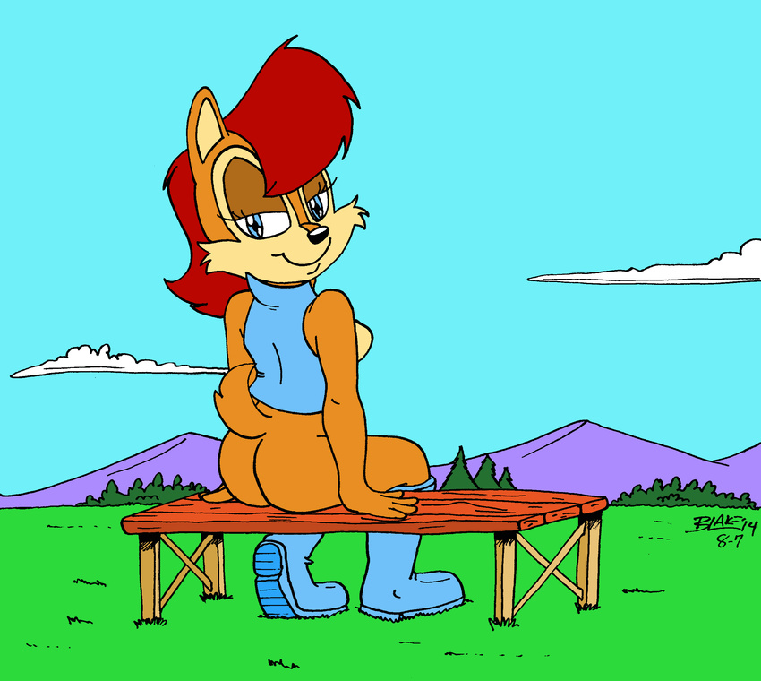 anthro archie_comics ass avoid_posting bench boots bottomless breasts chipmunk clothed clothing cloud evergreen_tree female footwear grin ground_squirrel hi_res jacket landscape looking_at_viewer mammal mountain outside pine_tree plant raised_tail rear_view rodent sally_acorn scenery sciurid sega shrub side_boob sitting smile solo sonic_the_hedgehog_(archie) sonic_the_hedgehog_(comics) sonic_the_hedgehog_(series) tail topwear tree tree_squirrel worldoffizz