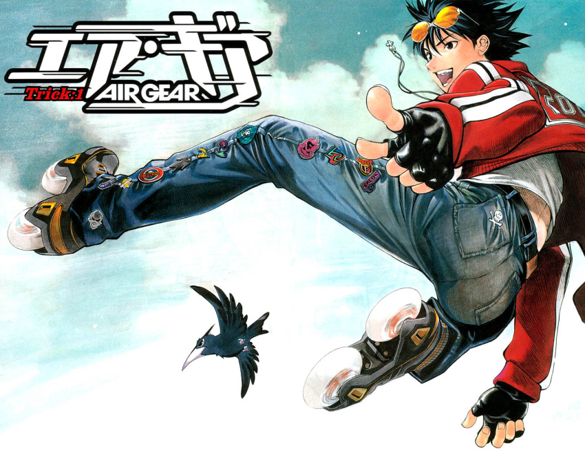 1boy air_gear back bird black_eyes black_hair cloud cover crow denim eyewear_on_head fingerless_gloves from_behind gloves highres inline_skates jacket jeans jewelry jumping kuu_(air_gear) male_focus minami_itsuki necklace non-web_source oogure_ito pants photoshop_(medium) pointing roller_skates skates skull_and_crossbones sky spiked_hair sunglasses