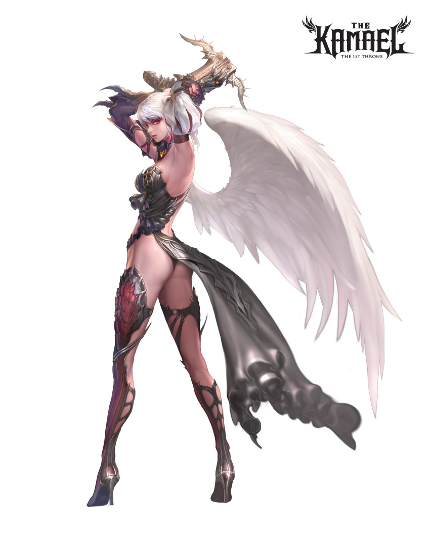 absurdres artist_request crossbow duplicate female highres kamael lineage lineage_2 long_legs pointy_ears solo weapon white_hair wings