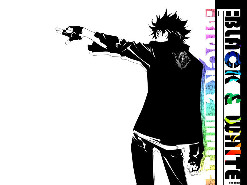 1boy air_gear finger_gun fingerless_gloves from_behind gloves greyscale high_contrast highres jacket male_focus minami_itsuki monochrome official_art oogure_ito pants photoshop_(medium) solo spiked_hair standing third-party_edit