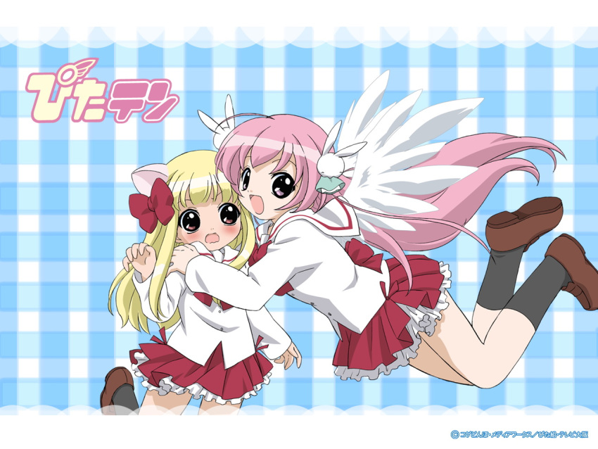 2girls :d animal_ears black_socks blonde_hair blush brown_eyes copyright_name hair_ornament loafers long_hair misha_(pita_ten) multiple_girls official_art official_wallpaper open_mouth pink_hair pita_ten plaid plaid_background purple_eyes rabbit_hair_ornament sakai_kyuuta school_uniform shoes skirt smile socks uematsu_koboshi wavy_mouth white_wings wings