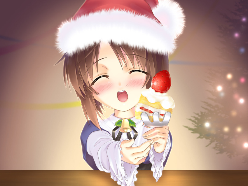 bell blush brown_hair cake christmas christmas_tree closed_eyes female food fruit giving hat highres kodona lolita_fashion long_sleeves open_mouth pastry rozen_maiden santa_hat short_hair solo souseiseki strawberry strawberry_shortcake tachibana_surimu upper_body