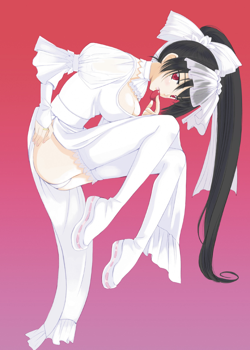 breasts cleavage dress female food fruit highres kazuto_izumi legs medium_breasts original photoshop_(medium) ponytail solo strawberry thighhighs white_thighhighs