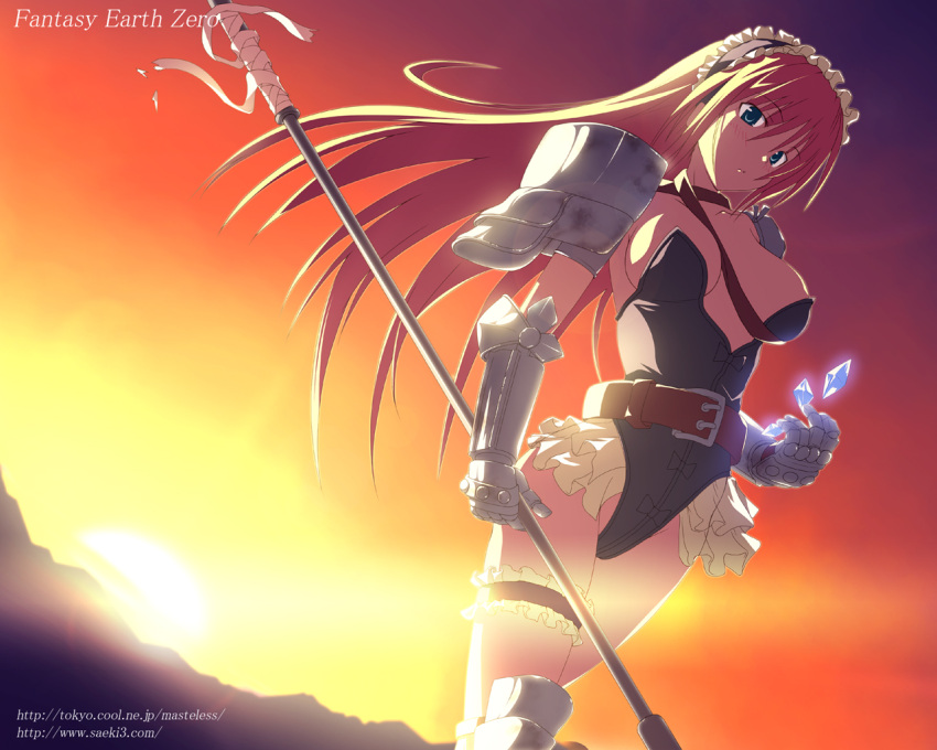 armor belt blonde_hair breasts bridal_garter cleavage crystal fantasy_earth fantasy_earth_zero female frills gauntlets green_eyes hairband large_breasts legs leotard long_hair outdoors photoshop_(medium) polearm satofuji_masato solo sunset thighs warrior_(fantasy_earth) warrior_(vesta_armor)_(fantasy_earth_zero) weapon