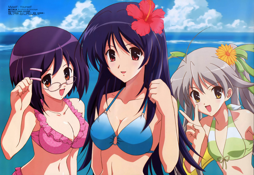 3girls absurdres antenna_hair bikini blue_hair breasts cleavage day flat_chest flower glasses grey_hair hair_ornament hairclip hibiscus highres hiratsuka_tomoya large_breasts long_hair mochida_hinako multiple_girls myself_yourself ocean open_mouth orange_eyes oribe_aoi photoshop_(medium) purple_hair red_eyes scan short_hair swimsuit twintails v water yatsushiro_nanaka yellow_eyes