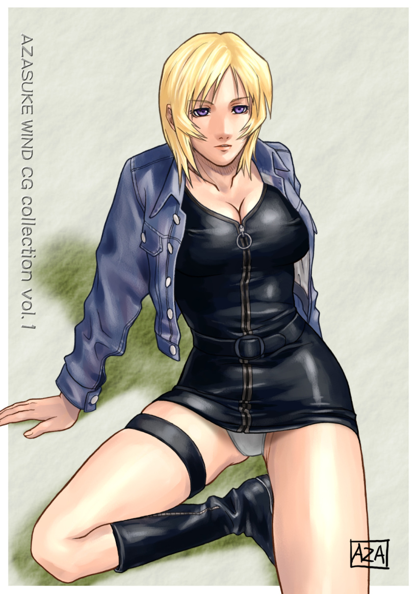 aya_brea azasuke blonde_hair breasts cleavage female highres large_breasts leather non-web_source panties pantyshot parasite_eve parasite_eve_ii solo thigh_strap underwear white_panties