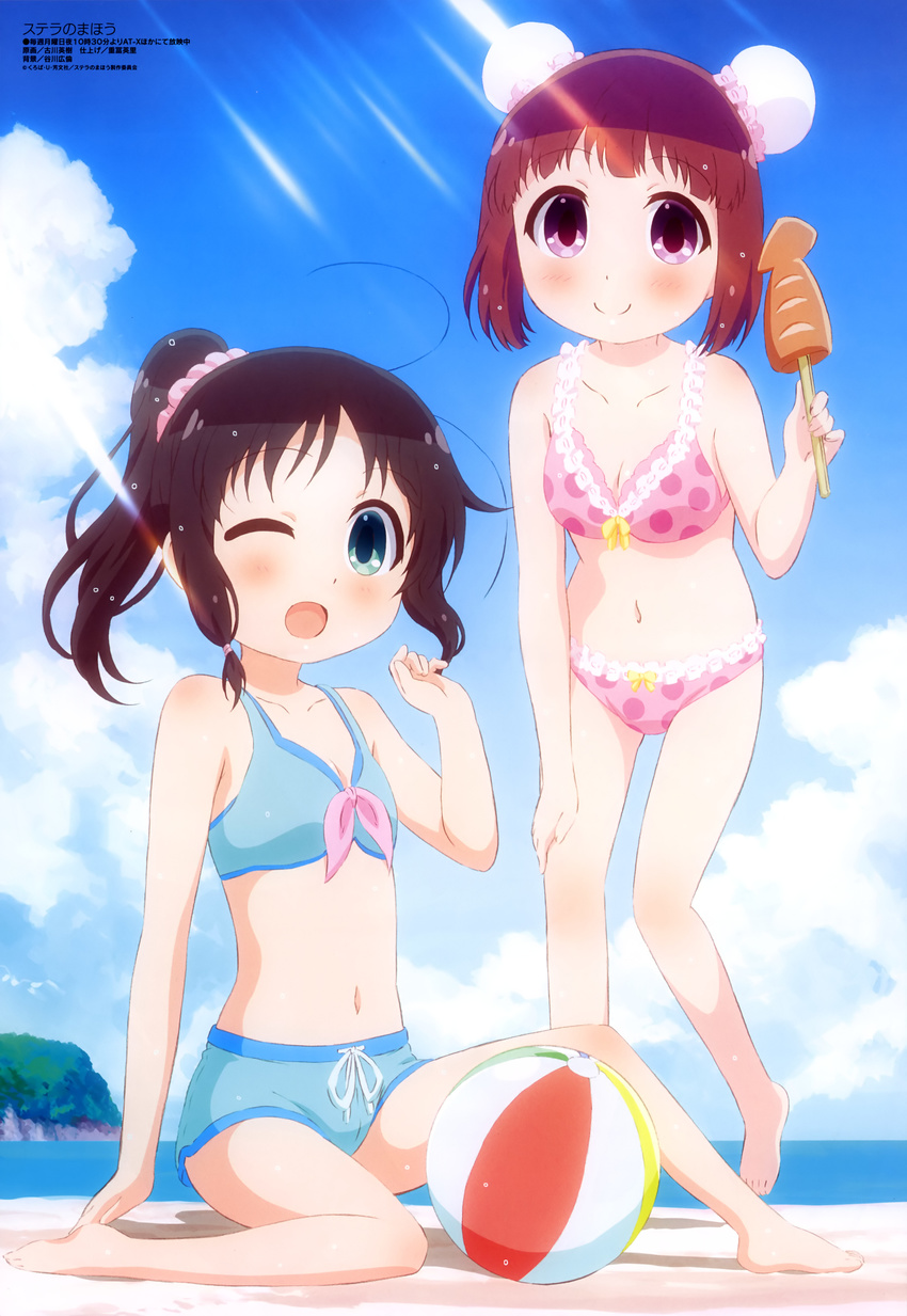 2girls ;d absurdres antenna_hair ball barefoot beach beachball bikini bikini_shorts blue_bikini blush body_blush breasts cleavage cloud cloudy_sky collarbone day double_bun fingernails food fuda_yumine furukawa_hideki hair_bun hair_ornament hair_scrunchie hand_on_own_thigh highres holding holding_food honda_tamaki ikayaki leaning_forward light_rays looking_at_viewer magazine_scan megami_magazine multiple_girls navel ocean official_art one_eye_closed open_mouth outdoors pink_bikini pink_polka_dots polka_dot polka_dot_bikini ponytail sand scan scrunchie shore short_hair shorts sitting sky small_breasts smile standing stella_no_mahou sunbeam sunlight swimsuit toes tongue water wet wet_hair