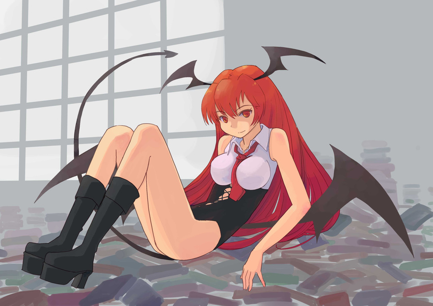 adapted_costume bat_wings boots breasts commentary_request demon_tail female head_wings highres koakuma large_breasts light_smile long_hair pinzu red_eyes red_hair solo tail touhou wings