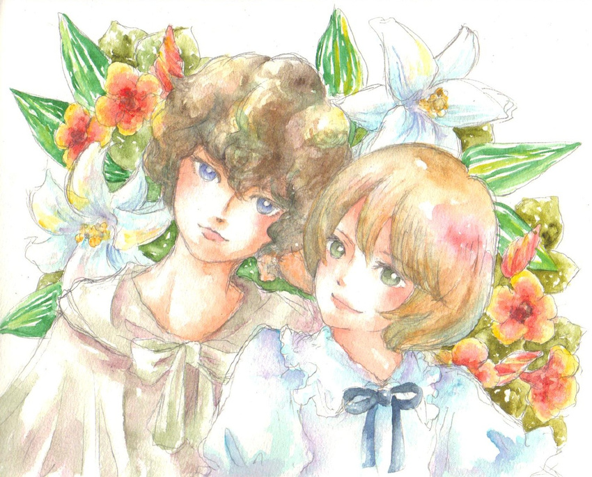 2boys allan_twilight blonde_hair blue_eyes bow bowtie brown_hair commentary_request edgar_portsnell flower graphite_(medium) green_eyes light_smile lily_(flower) looking_at_viewer mado_(petitemado_e) multiple_boys painting_(medium) poe_no_ichizoku traditional_media upper_body watercolor_(medium)