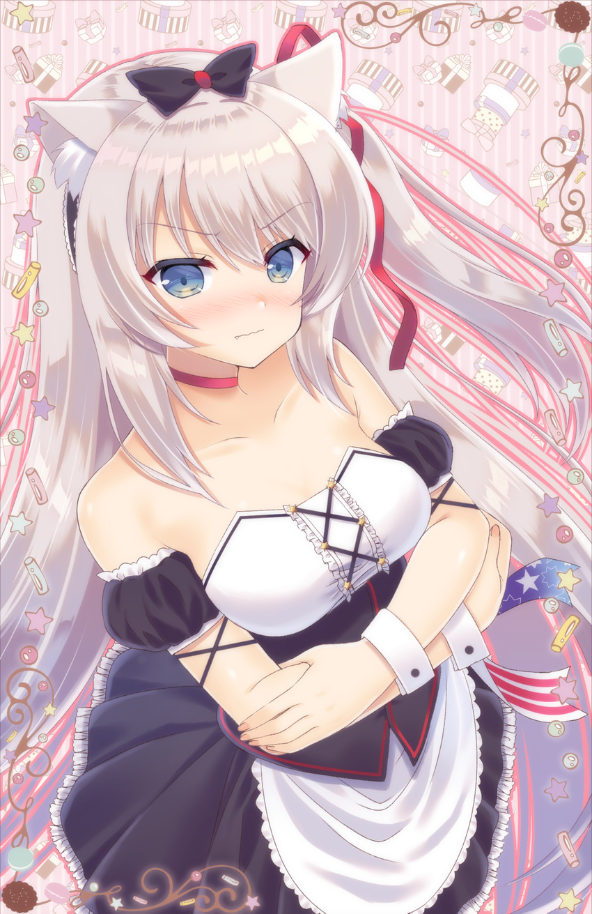 animal_ears apron arm_strap azur_lane bad_id bad_pixiv_id black_bow black_skirt blue_eyes blush bow breasts cat_ears choker cleavage collarbone crossed_arms eyebrows_visible_through_hair floating_hair frilled_apron frilled_skirt frills hair_between_eyes hair_ribbon hairbow hammann_(azur_lane) highres kisshii_(kic1224) long_hair looking_at_viewer medium_breasts miniskirt red_ribbon ribbon side_ponytail silver_hair skirt solo standing strapless very_long_hair white_apron wrist_cuffs