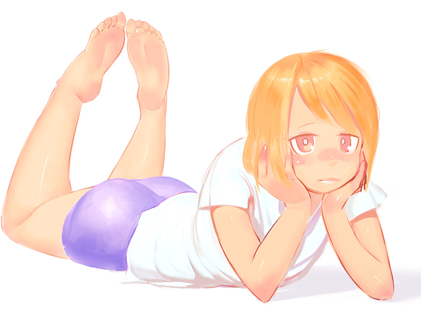 ass bad_id bad_pixiv_id bare_legs barefoot bike_shorts blush elbow_rest feet female full_body hands_on_own_face head_rest highres legs_up lying on_stomach orange_hair original red_eyes shadow shirt short_hair short_sleeves shorts simple_background soles solo tareme the_pose toes uni_ponsuka white_background white_shirt