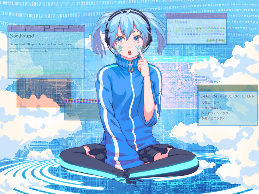 aqua_thighhighs bad_id bad_pixiv_id between_legs binary black_skirt black_thighhighs blue_eyes blue_hair blue_sky blue_theme blueprint_background character_name chestnut_mouth cloud collared_jacket day ene_(kagerou_project) ene_no_dennou_kikou_(vocaloid) english_text error_message facial_mark female finger_to_mouth full_body glowing glowing_clothes hand_between_legs hand_up headphone_actor_(vocaloid) headphones index_finger_raised jacket jinzou_enemy_(vocaloid) kagerou_project kuuran_(mmeno) light_blue_hair long_sleeves looking_to_the_side miniskirt open_mouth photoshop_(medium) pleated_skirt popped_collar sideways_glance sitting skirt sky sleeves_pushed_up solo song_name striped_clothes striped_jacket teeth thighhighs track_jacket twintails two-tone_thighhighs upper_teeth_only very_long_sleeves white_stripes window_(computing) yuukei_yesterday_(vocaloid) zipper zipper_pull_tab