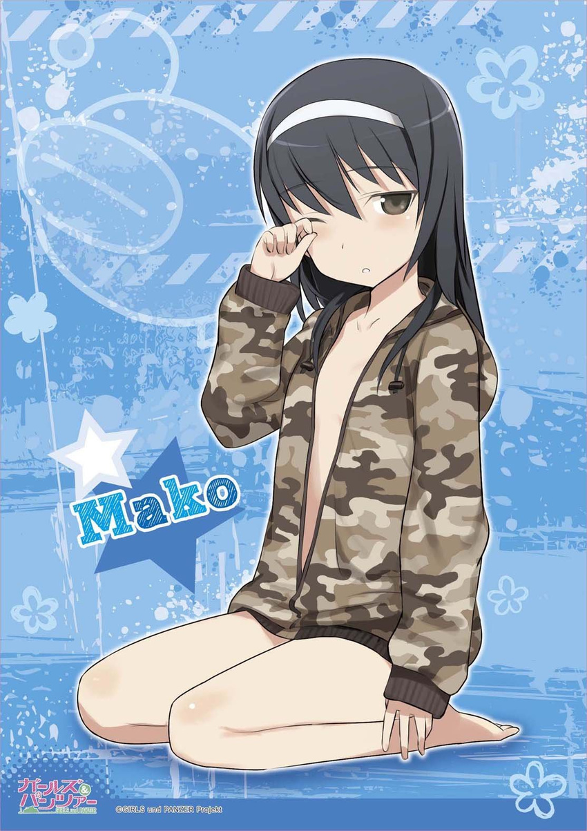 anglerfish bare_legs barefoot black_hair blue_background camouflage camouflage_hoodie emblem female fish full_body girls_und_panzer grey_eyes hairband highres hood hoodie jpeg_artifacts long_hair long_sleeves looking_at_viewer naked_hoodie official_art reizei_mako rubbing_eyes seiza shimada_fumikane simple_background sitting sleeves_past_wrists solo waking_up