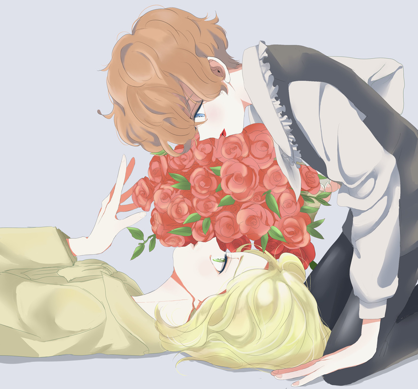 2boys absurdres allan_twilight androgynous blonde_hair bouquet brown_hair commentary_request edgar_portsnell flower grey_background highres lipstick looking_at_another looking_down looking_up lying makeup mikan_no_jamu multiple_boys poe_no_ichizoku profile red_flower red_lips red_rose rose simple_background vest