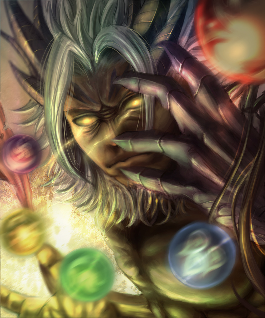 1boy bad_id bad_pixiv_id beard facial_hair fagan_(p&d) glowing glowing_eyes grey_hair highres horns long_hair male_focus motion_blur orb photoshop_(medium) puzzle_&_dragons shoichi_(ekakijin) solo yellow_eyes