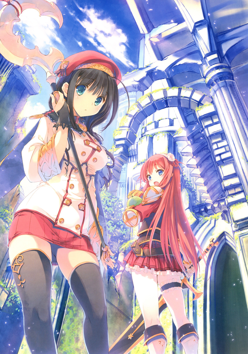 2girls absurdres alisia_heart aqua_eyes ass_visible_through_thighs black_hair black_legwear blue_eyes boots capelet cloud day dungeon_travelers_2 flower food fruit hair_flower hair_ornament highres holding holding_weapon kawata_hisashi knee_boots long_sleeves looking_at_viewer looking_back melvy_de_florencia miniskirt mitsumi_misato multiple_girls official_art open_mouth outdoors paint.net_(medium) pantyhose pleated_skirt red_hair scan skirt sky smile staff standing sword thigh_strap thighhighs weapon zettai_ryouiki