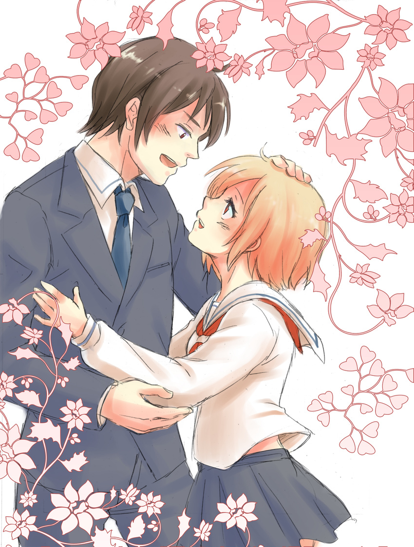 1boy bad_id bad_pixiv_id black_hair blush couple female flower heart height_difference highres kotoura-san kotoura_haruka manabe_yoshihisa necktie orange_eyes orange_hair photoshop_(medium) school_uniform serafuku short_hair skirt straight wai_(3987189)