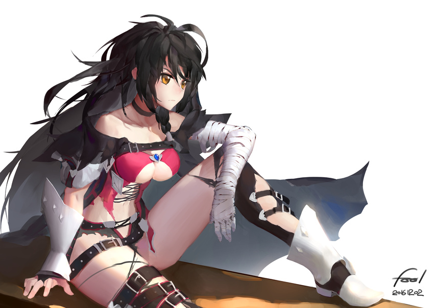 bandaged_arm bandages bare_shoulders belt black_choker black_hair black_thighhighs boots breasts choker collarbone commentary_request dated female highres long_hair medium_breasts messy_hair navel orokanahime signature sitting solo tales_of_(series) tales_of_berseria thighhighs torn_clothes torn_thighhighs underboob velvet_crowe yellow_eyes