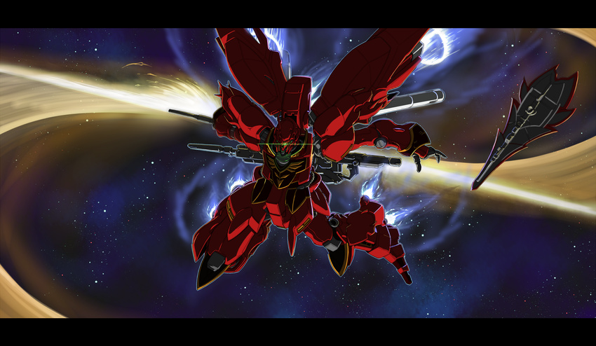 axe beam_rifle commentary_request energy_axe energy_gun glowing glowing_eye gomibako_(shirokumatei) gun gundam gundam_unicorn highres letterboxed mecha no_humans robot shield sinanju solo space weapon