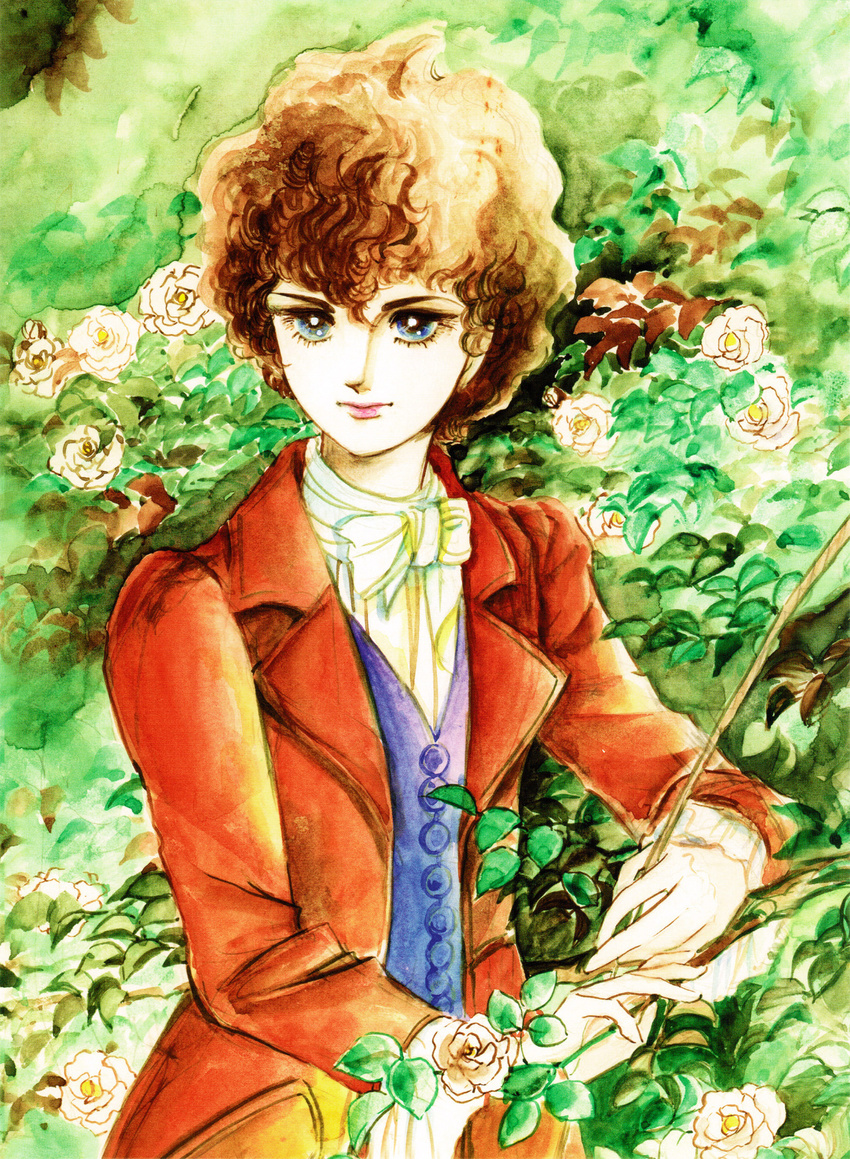 1boy 70s blue_eyes brown_hair curly_hair edgar_portsnell eyelashes flower formal hagio_moto highres leaf long_coat official_art oldschool poe_no_ichizoku rose short_hair solo traditional_media vest victorian watercolor_(medium) white_rose