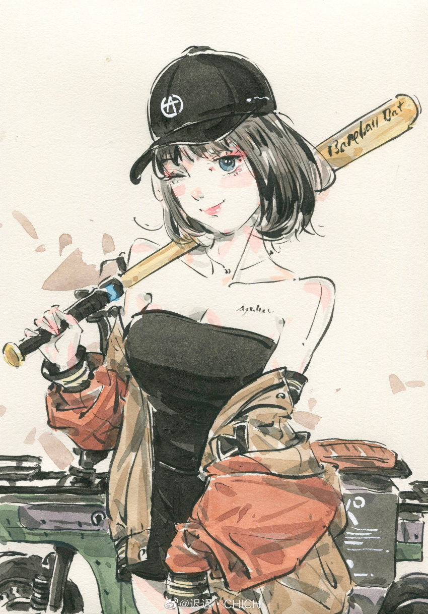 absurdres bare_shoulders baseball_bat black_dress black_hair chichi_chichi closed_mouth dress female hat highres holding holding_baseball_bat jacket long_sleeves loose_hair_strand motor_vehicle motorcycle one_eye_closed original painting_(medium) short_hair smile solo strapless strapless_dress traditional_media upper_body