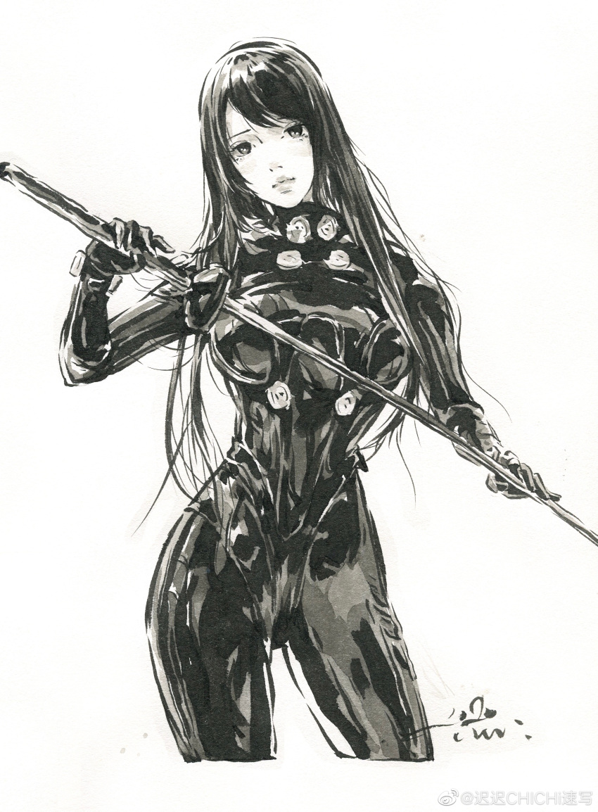 absurdres bodysuit chichi_chichi cowboy_shot cropped_legs expressionless female gantz gantz_suit gantz_sword greyscale highres holding holding_sword holding_weapon katana long_hair looking_at_viewer loose_hair_strand monochrome painting_(medium) shimohira_reika shiny_clothes solo sword traditional_media weapon