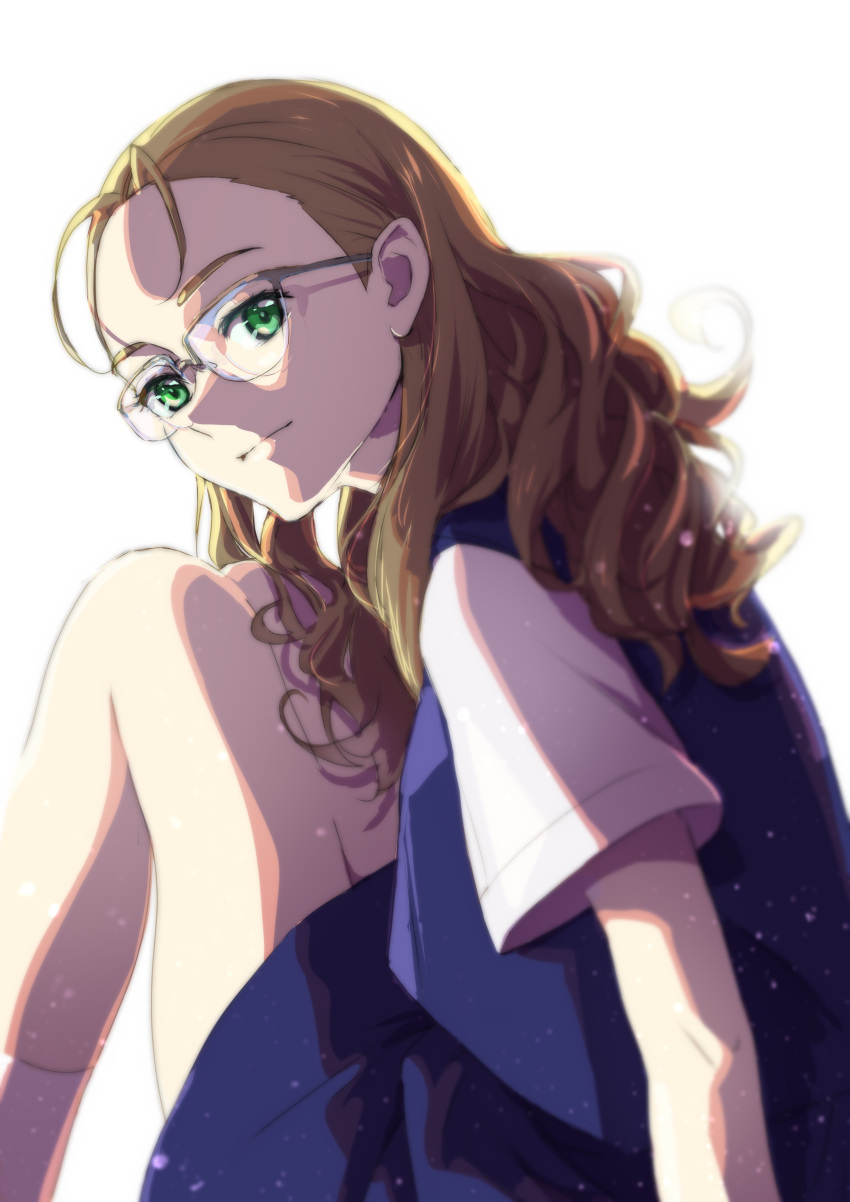 absurdres antenna_hair brown_hair ena1215 female glasses green_eyes highres long_hair looking_at_viewer looking_back nagase_koito school_uniform short_sleeves simple_background sitting skirt socks solo white_background wonder_egg_priority