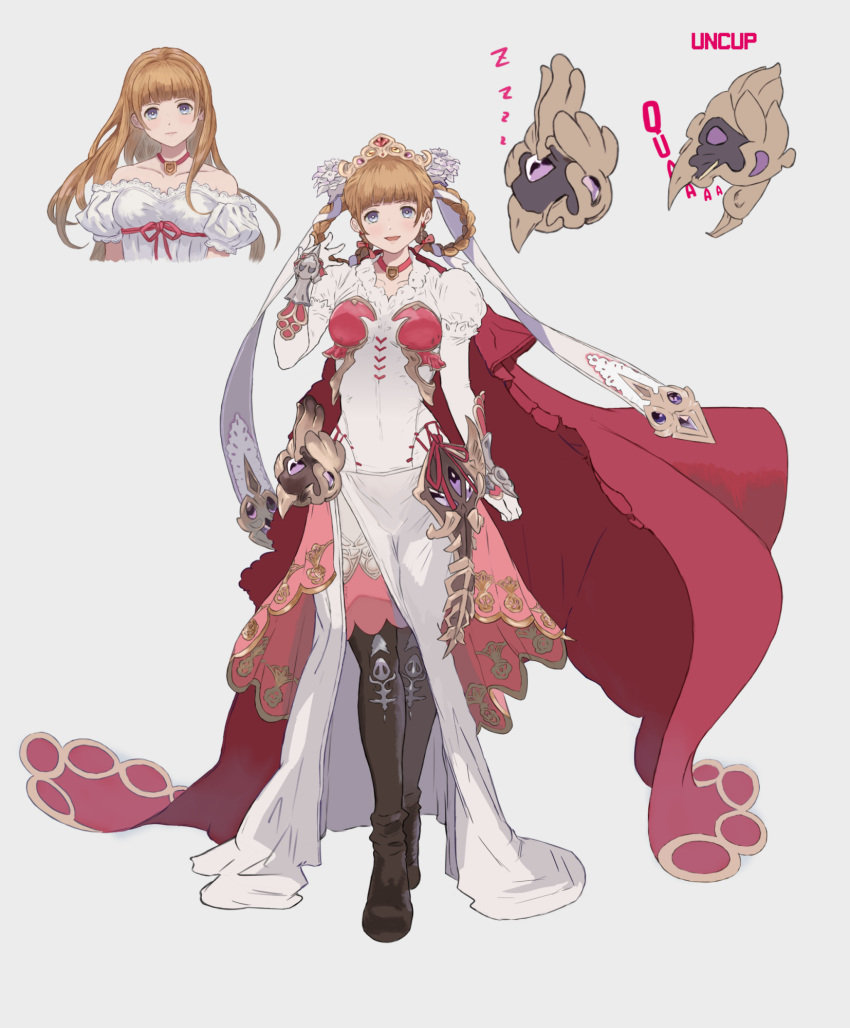 :d adz_lrp bad_id bad_pixiv_id black_footwear blue_eyes blush boots breasts brown_hair cape choker closed_mouth collarbone dress english_text female granblue_fantasy grey_background hair_down hair_rings head_tilt highres juliet_(granblue_fantasy) long_hair looking_at_viewer medium_breasts multiple_views open_mouth puffy_short_sleeves puffy_sleeves short_sleeves smile standing thigh_boots thighhighs tiara white_dress zzz