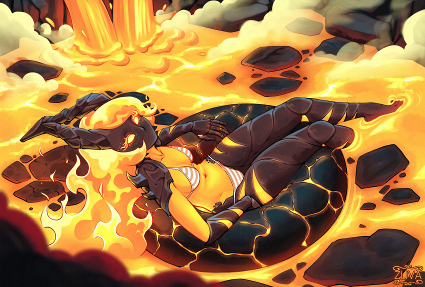 absurdres bikini breasts colored_skin dark_skin female fiery_hair full_body highres horns lava lava_bath looking_at_viewer lying medium_breasts navel no_mouth on_back orange_skin original solo striped_bikini striped_clothes swimsuit zliva