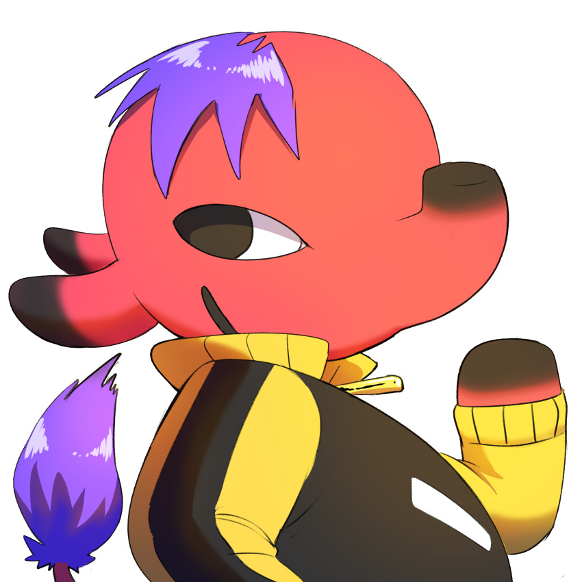 1:1 2020 animal_crossing anthro big_ears big_head black_body black_ears black_eyes black_nose black_skin close-up clothed clothing cyd_(animal_crossing) elephant elephantid hair half-length_portrait hi_res jacket long_nose looking_at_viewer male mammal multicolored_body multicolored_ears multicolored_nose multicolored_skin narrowed_eyes nintendo poetax portrait proboscidean proboscis_(anatomy) purple_hair purple_tail red_body red_ears red_nose red_skin short_hair simple_background smile solo squint tail toony topwear trunk_(anatomy) white_background