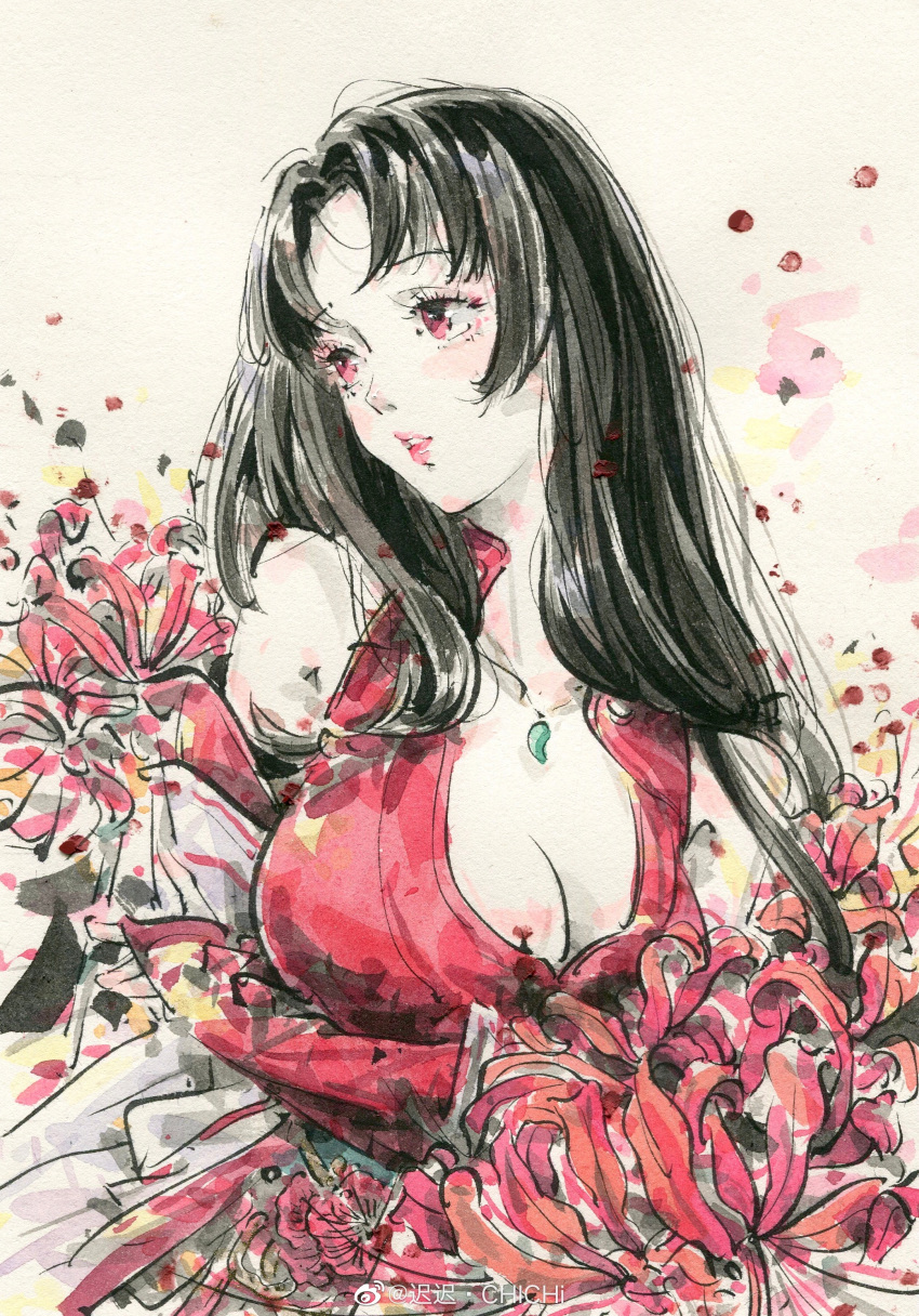 absurdres black_hair breasts chichi_chichi cleavage clothing_cutout collared_shirt falling_petals female flower from_side highres jacket jewelry large_breasts long_hair looking_to_the_side loose_hair_strand magatama magatama_necklace necklace open_mouth original painting_(medium) petals shirt solo spider_lily traditional_media upper_body