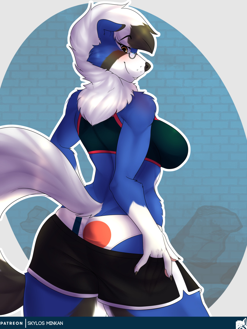 3:4 absurd_res anthro breasts clothing digital_media_(artwork) dusk_lycanroc eyewear female fur generation_7_pokemon glasses hi_res lycanroc nintendo pokemon pokemon_(species) shaded shiny_pokemon skye_primis skylosminkan solo underwear undressing