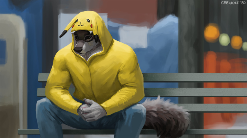 16:9 2020 anthro bench biped blue_eyes blurred_background bottomwear canid canine canis clasped_hands clothed clothing contemplating costume denim denim_bottomwear denim_clothing digital_media_(artwork) digital_painting_(artwork) fluffy fluffy_tail front_view fully_clothed geewolf generation_1_pokemon hi_res holding_own_hand hood_up hoodie jeans keanu_reeves male mammal mythological_canine mythological_creature mythology nintendo on_bench pants pikachu pikachu_hoodie pokemon pokemon_(species) pokemon_costume portrait print_clothing rakan sad shaded signature sitting slice_of_life solo tail three-quarter_portrait topwear were werecanid werecanine werewolf widescreen wolf yellow_clothing yellow_hoodie yellow_topwear