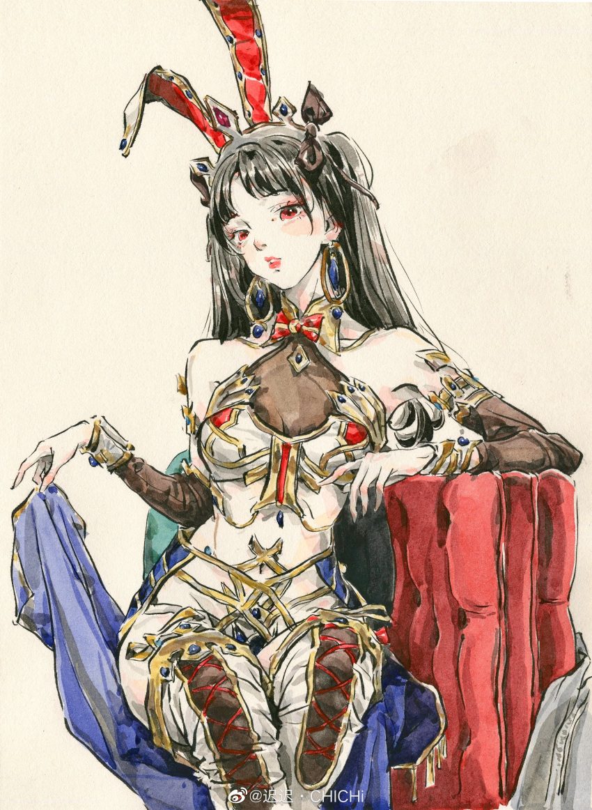 absurdres animal_ears armor black_hair chichi_chichi collar earrings female hair_ornament highres holding_cloth jewelry long_hair looking_at_viewer mattress open_mouth original painting_(medium) rabbit_ears red_eyes ribbon sitting solo traditional_media twintails upper_body