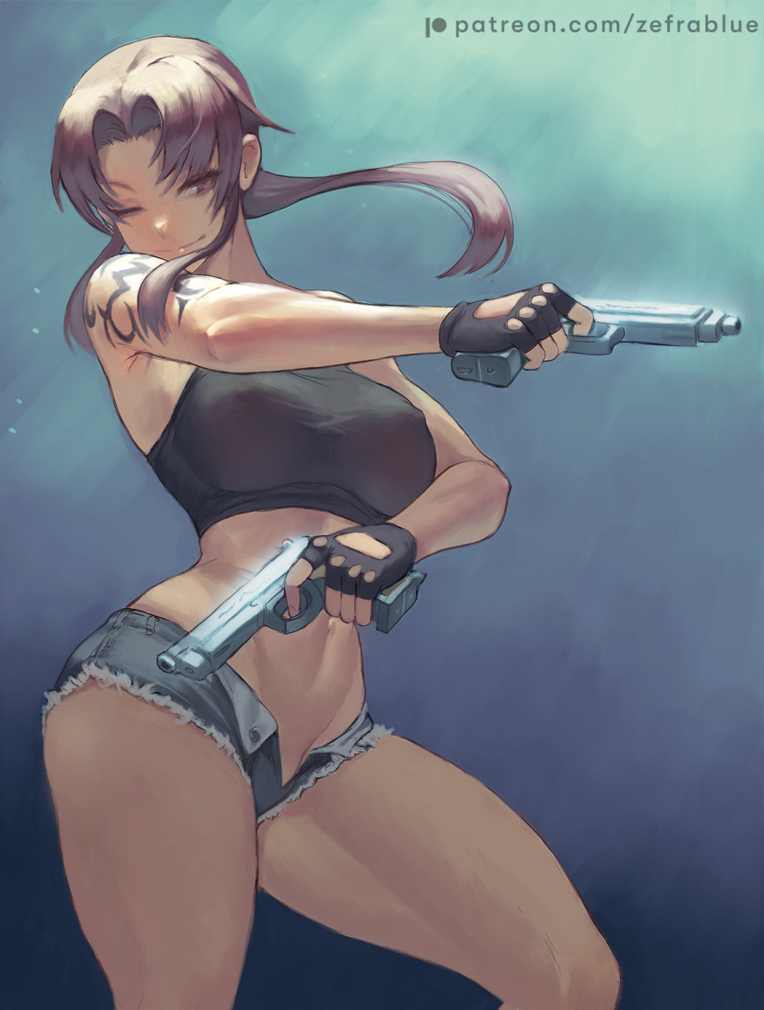 arm_tattoo armpit_crease black_gloves black_lagoon breasts brown_eyes brown_hair contrapposto covered_nipples crop_top denim denim_shorts dual_wielding female fingerless_gloves floating_hair gloves gun handgun highres holding holding_gun holding_weapon large_breasts long_hair midriff navel no_bra one_eye_closed open_fly patreon_username ponytail revy_(black_lagoon) short_shorts shorts sidelocks solo stomach tattoo thighs weapon web_address zefrableu