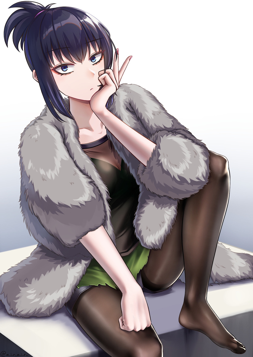 black_hair black_pantyhose blue_eyes clenched_hand collarbone eyeshadow feet female foot_out_of_frame fur green_skirt hand_on_own_face highres kutsuda_miru legs makeup no_shoes original pantyhose red_eyeshadow red_nails see-through see-through_legwear see-through_shirt shirt sitting skirt solo toes