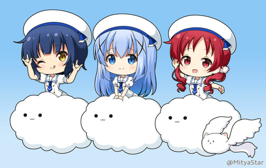 ._. 3girls :3 :d ;q \m/ angora_rabbit animal arm_up beret black_hair blue_background blue_eyes blue_hair blue_neckerchief blush brown_eyes chibi chimame-tai closed_mouth cloud commentary_request crown double_\m/ feathered_wings gochuumon_wa_usagi_desu_ka? gradient_background hair_ornament hand_up hat jouga_maya kafuu_chino kafuu_chino's_school_uniform long_hair looking_at_viewer low_twintails mini_crown mitya multiple_girls natsu_megumi neckerchief one_eye_closed open_mouth puffy_short_sleeves puffy_sleeves rabbit red_eyes red_hair ringlets sailor_collar scar scar_across_eye scar_on_face school_uniform serafuku shirt short_sleeves skirt smile solid_circle_eyes tippy_(gochiusa) tongue tongue_out twintails twitter_username very_long_hair white_headwear white_sailor_collar white_serafuku white_shirt white_skirt white_wings winged_animal wings x_hair_ornament