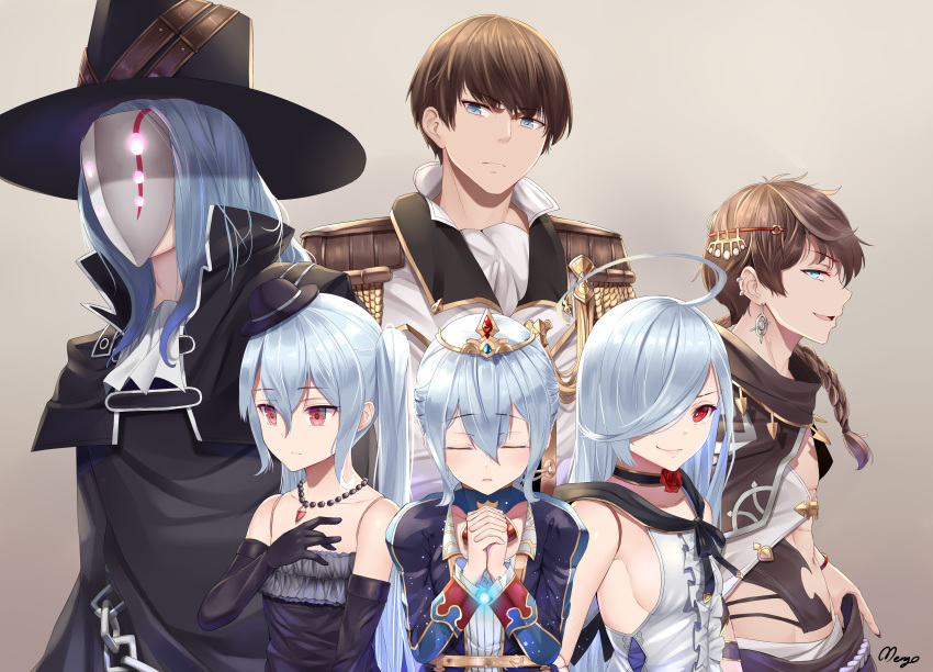 3boys 3girls absurdres adam_(granblue_fantasy) ahoge artist_name black_gloves black_headwear blue_eyes blue_hair braid breasts brown_hair choker closed_eyes closed_mouth collarbone commentary earrings elbow_gloves english_commentary epaulettes gloves gradient_background granblue_fantasy hair_between_eyes hair_over_one_eye hair_over_shoulder hat head_tilt highres jewelry lloyd_(granblue_fantasy) loki_(granblue_fantasy) long_hair looking_at_viewer low_ponytail mask medium_breasts mengo mini_hat multiple_boys multiple_girls necklace orchis own_hands_clasped own_hands_together parted_lips profile queen_orchis red_eyes short_hair sideboob signature tiara top_hat twintails v-shaped_eyebrows zwei_(shingeki_no_bahamut)