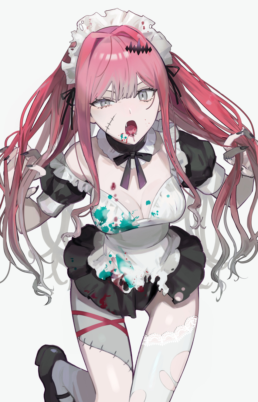 absurdres alternate_costume baobhan_sith_(fate) black_footwear black_nails breasts dress enmaided fate/grand_order fate_(series) female grey_eyes hands_in_hair highres kitou_saji long_hair maid maid_headdress oerba_yun_fang open_mouth paint_on_clothes paint_splatter pink_hair simple_background single_thighhigh solo stitched_face stitched_leg stitches thigh_gap thighhighs torn_clothes torn_dress torn_thighhighs white_thighhighs