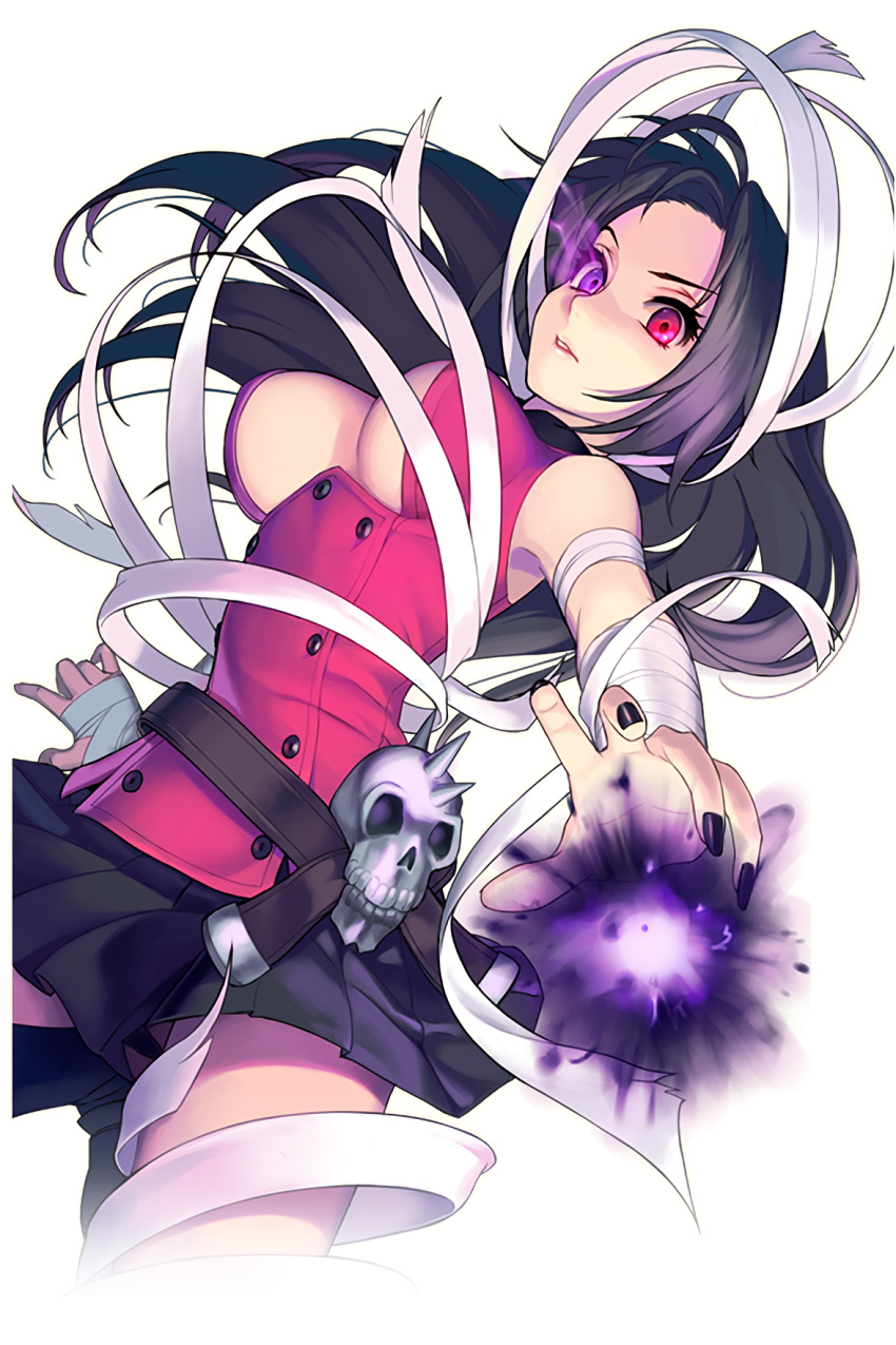 armpits bandages bare_shoulders belt black_hair breasts dark_persona energy female frilled_skirt frills highres jacket large_breasts long_hair official_art pink_jacket purple_eyes ravian_(soccer_spirits) resized skirt skull sleeveless sleeveless_jacket soccer_spirits transparent_background upscaled