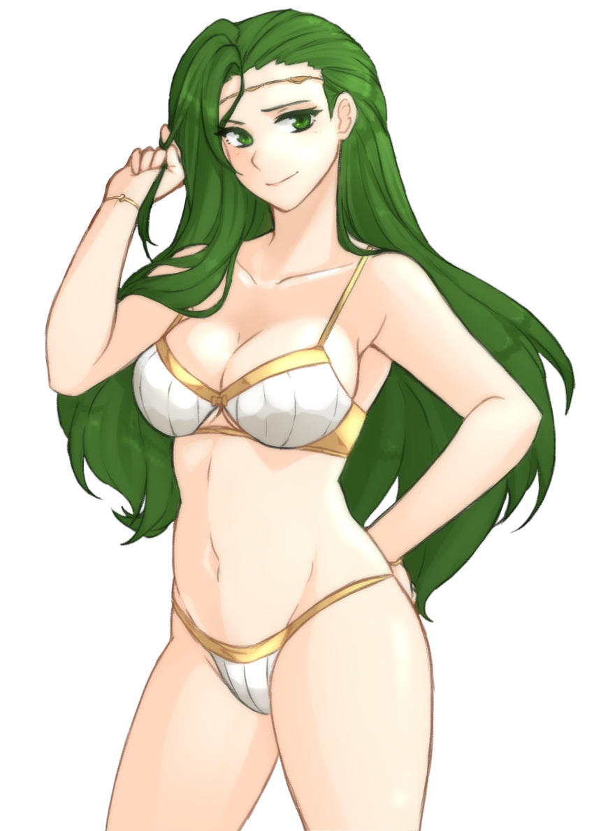 absurdres alternate_costume annand_(fire_emblem) arms_behind_back bare_shoulders bra breasts circlet cleavage cowboy_shot female fire_emblem fire_emblem:_genealogy_of_the_holy_war gold_trim green_eyes green_hair highres large_breasts long_hair looking_at_viewer mature_female navel panties simple_background smile solo standing thighs tridisart tucking_hair underwear white_bra white_panties