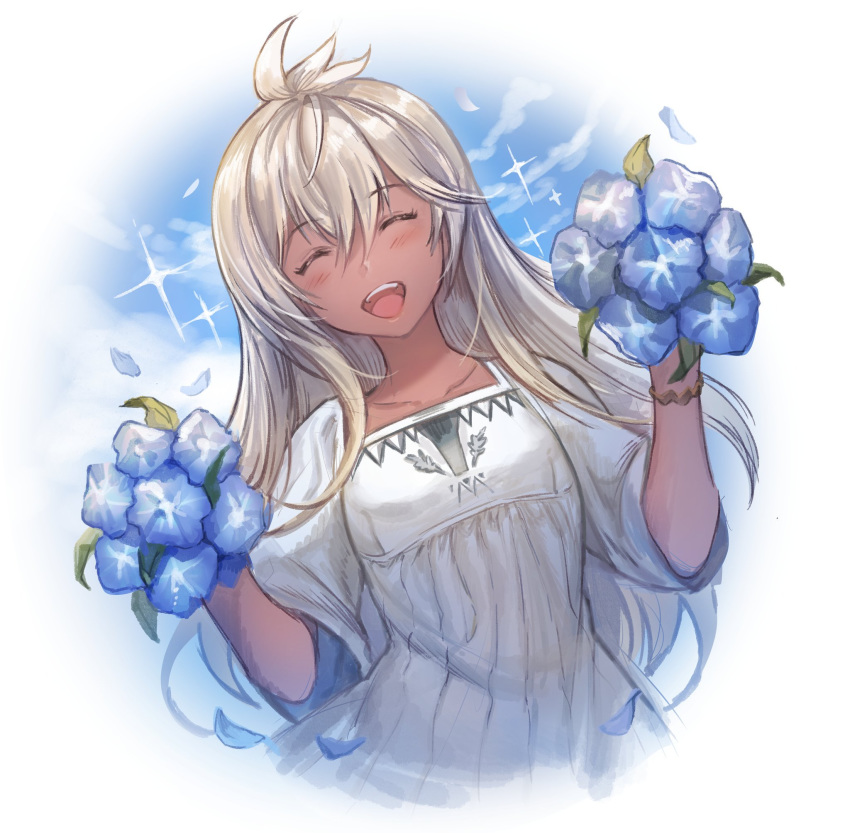 :d ^_^ blush boba closed_eyes collarbone commentary_request dark-skinned_female dark_skin dress female flower granblue_fantasy hair_between_eyes highres holding holding_flower leaning_to_the_side long_hair open_mouth petals smile solo sparkle white_dress white_hair zooey_(granblue_fantasy)